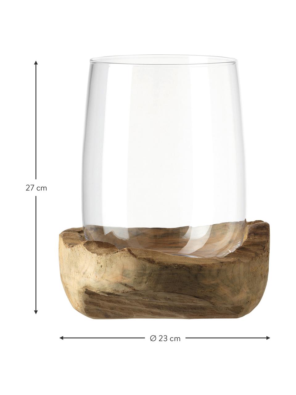 Handgemaakte windlicht Terra met  teakhouten houder, Windlicht: glas, Voetstuk: teakhout, Transparant, Ø 23 x H 27 cm