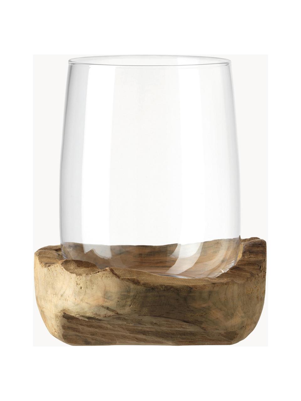 Handgefertigtes Windlicht Terra mit Teaksockel, Windlicht: Glas, Sockel: Teakholz, Helles Holz, Transparent, Ø 23 x H 27 cm