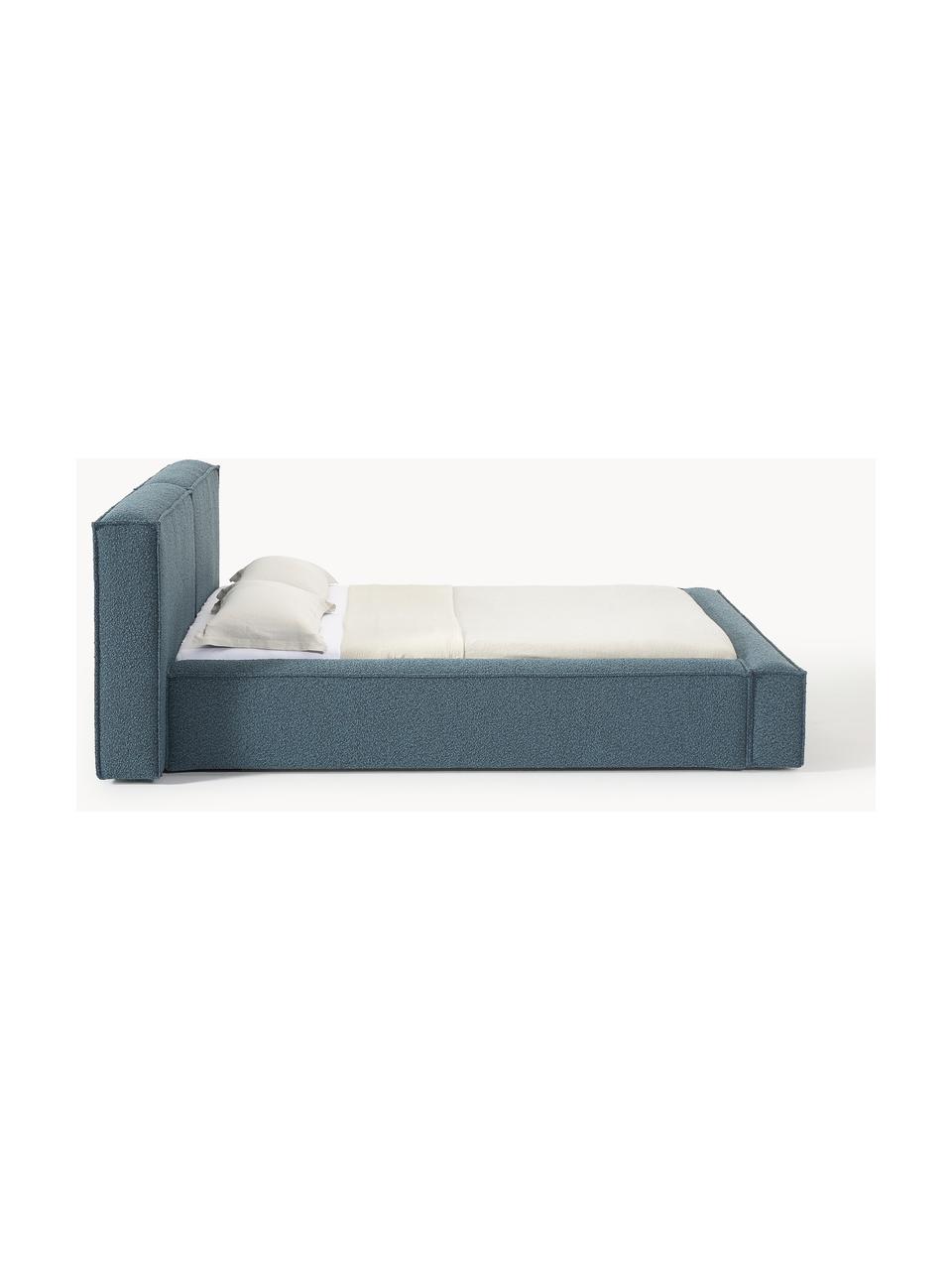 Letto imbottito in bouclé Lennon, Rivestimento: bouclé (80% poliestere, 2, Rivestimento: schiuma, certificata Cert, Struttura: legno di pino massiccio, , Piedini: legno, plastica Questo pr, Bouclé grigio-blu, Larg. 208 x Lung. 243 cm (superfice 140 x 200 cm)