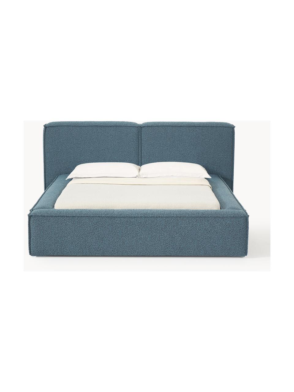 Letto imbottito in bouclé Lennon, Rivestimento: bouclé (80% poliestere, 2, Rivestimento: schiuma, certificata Cert, Struttura: legno di pino massiccio, , Piedini: legno, plastica Questo pr, Bouclé grigio-blu, Larg. 208 x Lung. 243 cm (superfice 140 x 200 cm)