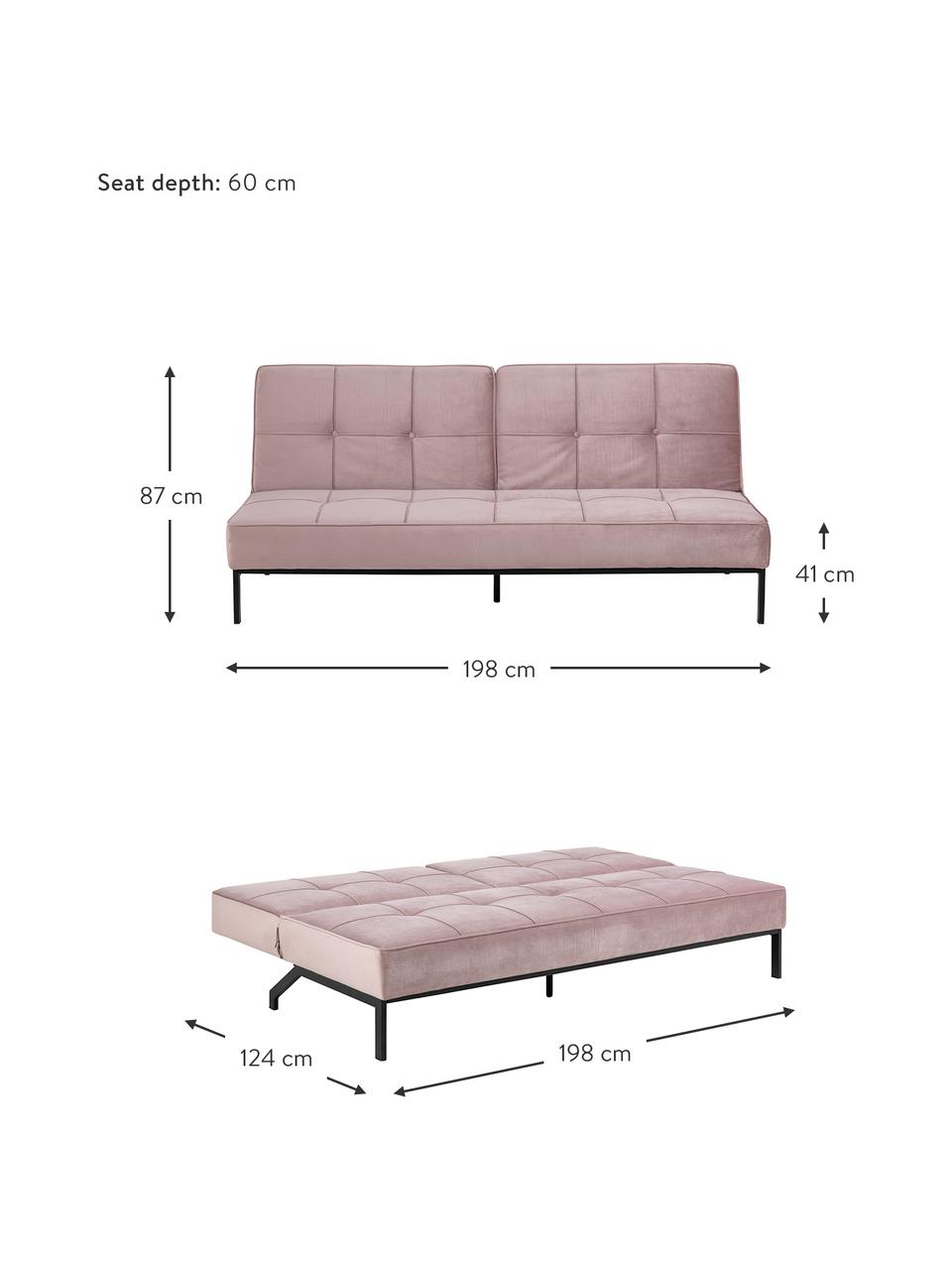 Sofa rozkładana z aksamitu Perugia, Tapicerka: poliester Dzięki tkaninie, Nogi: metal lakierowany, Aksamitny blady różowy, S 198 x G 95 cm