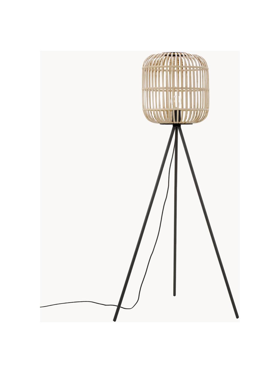 Tripod vloerlamp Bordesley, Lampenkap: bamboe, hout, Lampvoet: staal, Lichtbeige, zwart, H 139 cm