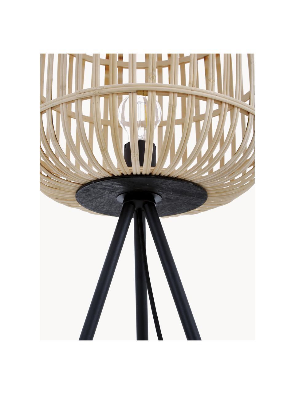 Tripod vloerlamp Bordesley, Lampenkap: bamboe, hout, Lampvoet: staal, Lichtbeige, zwart, H 139 cm