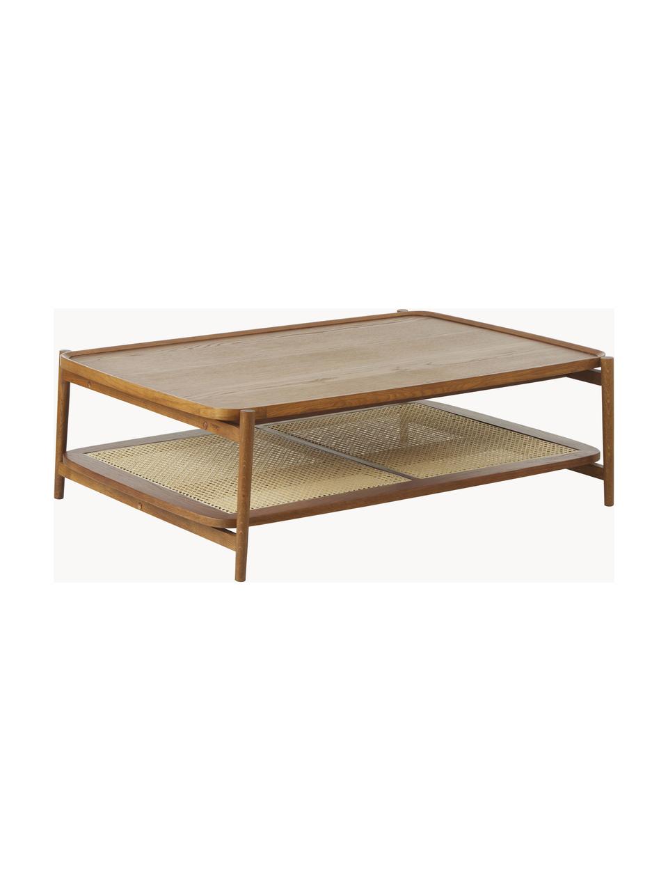 Mesa de centro de roble Tony, Tablero: tablero de fibras de dens, Estante: ratán, Estructura: madera de nogal maciza pi, Roble barnizado oscuro, An 110 x Al 35 cm