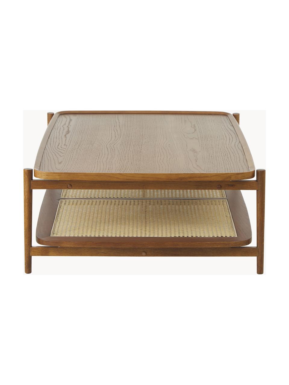 Mesa de centro de roble Tony, Tablero: tablero de fibras de dens, Estante: ratán, Estructura: madera de nogal maciza pi, Roble barnizado oscuro, An 110 x Al 35 cm