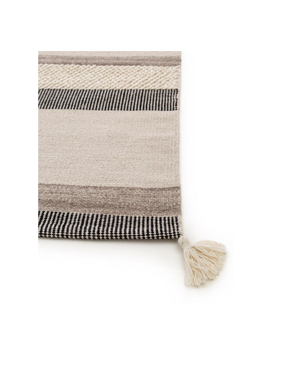 Ručne tkaný vlnený koberec s rôznou štruktúrou a strapcami Tammi, Sivá, béžová, sivobéžová