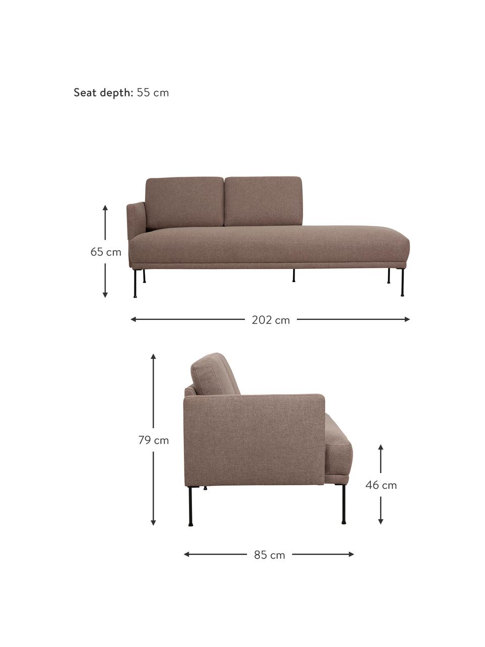 Šezlong s kovovými nohami Fluente, Hnedá, Š 202 x H 85 cm, s operadlom naľavo