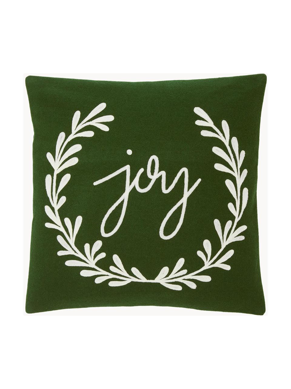 Funda de cojín bordada Joy, Parte delantera: 75% lana, 25% nylon, Parte trasera: 100% algodón, Verde, An 45 x L 45 cm
