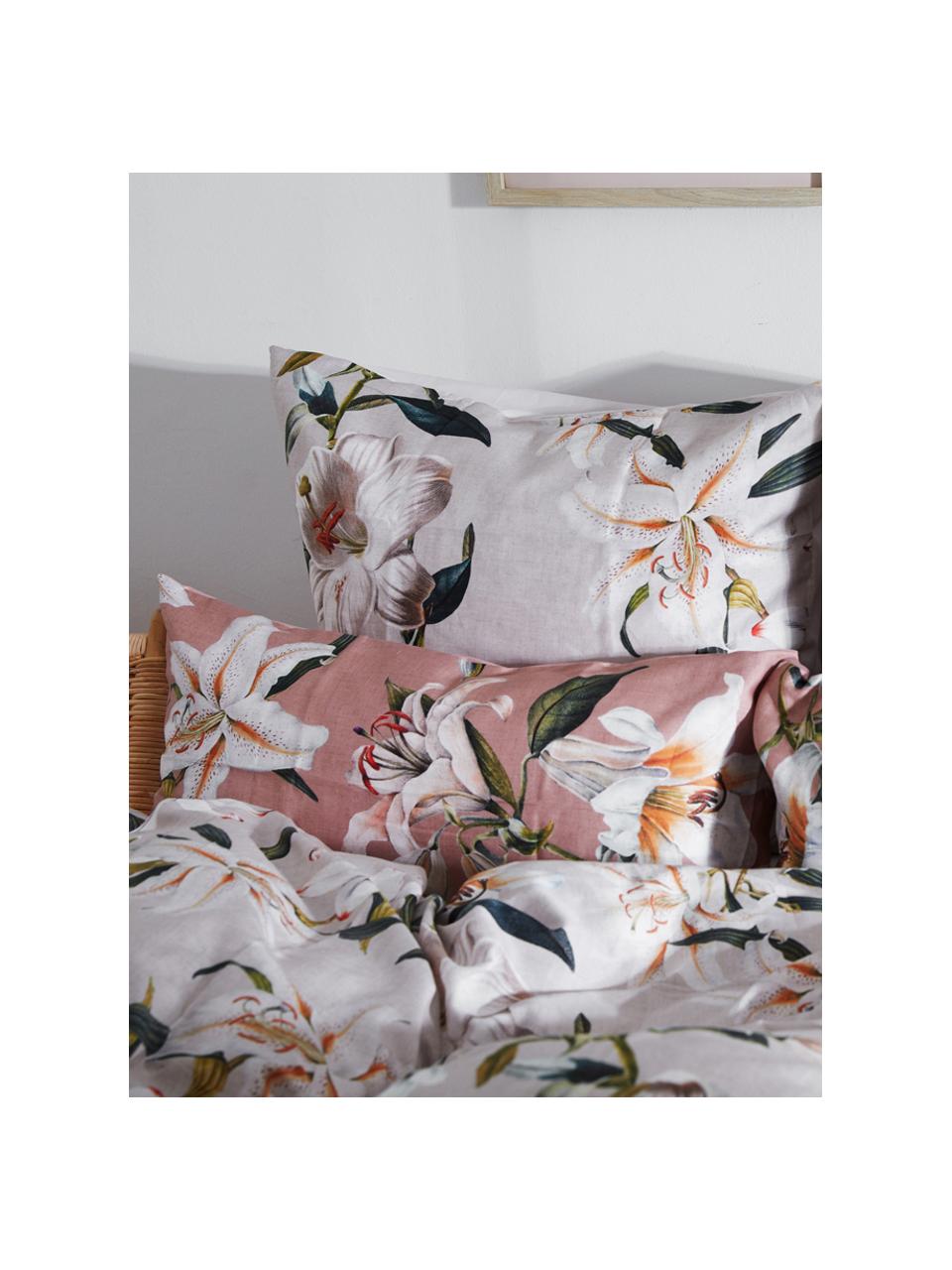 Obliečka na vankúš z bavlneného saténu s kvetinovou potlačou Flori, 2 ks, Predná strana: staroružová, krémovobiela Zadná strana: staroružová, Š 40 x D 80 cm