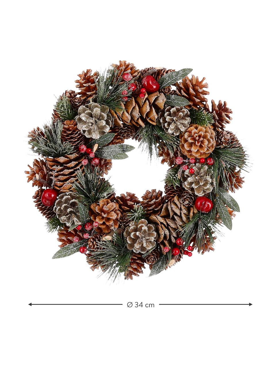 Couronne de Noël Tonny, Pommes de pin, Vert foncé, rouge, brun, Ø 34 cm