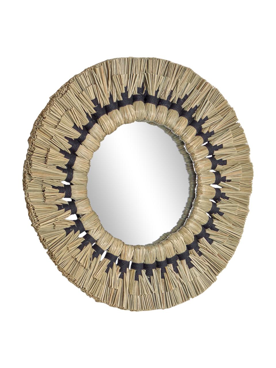 Okrúhle zrkadlo s rámom zo sušenej trávy Akila, Béžová, čierna, Ø 40 x H 5 cm
