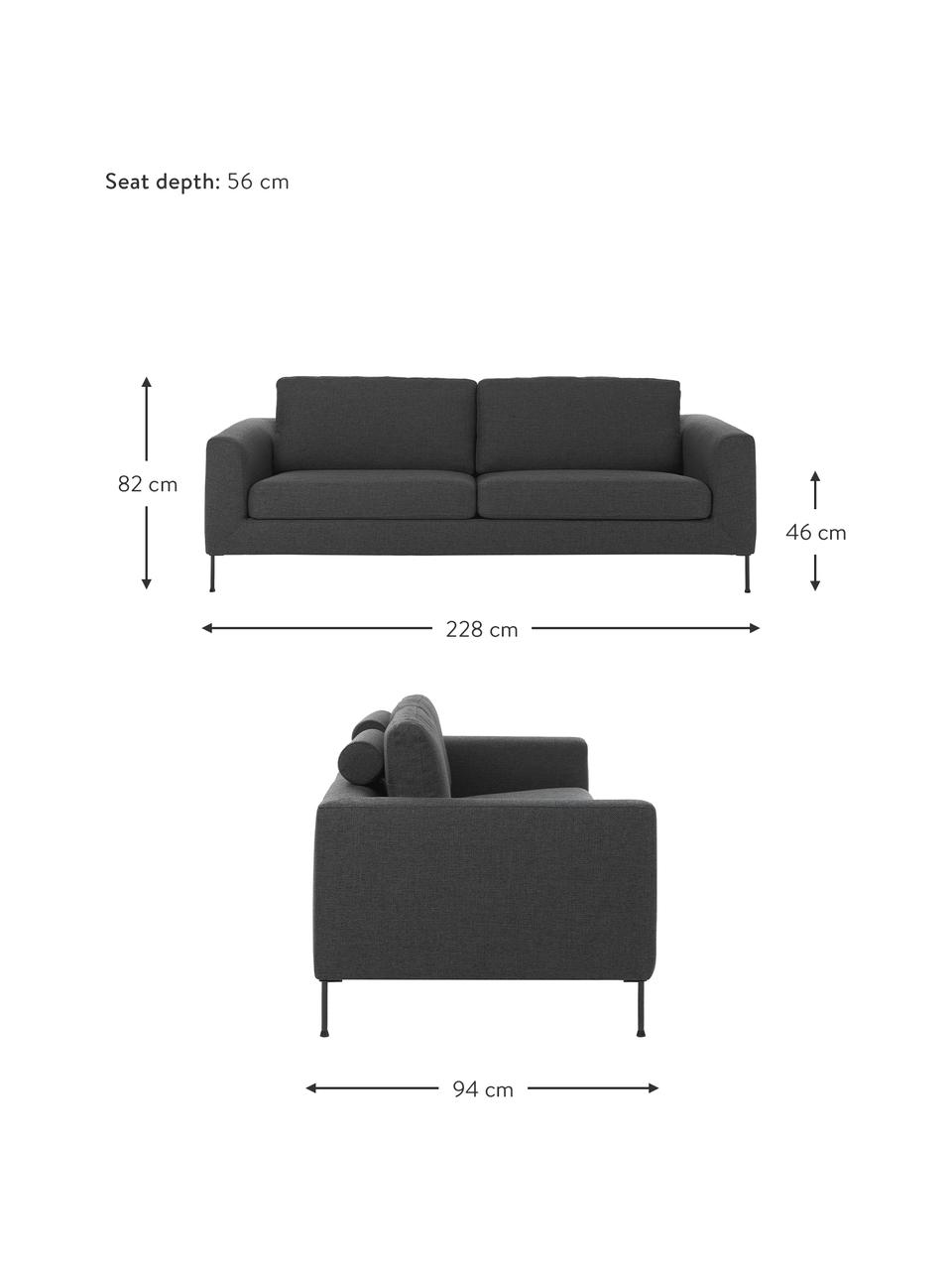 Bank Cucita (3-zits) met metalen poten, Bekleding: geweven stof (100% polyes, Frame: massief grenenhout, FSC-g, Poten: gelakt metaal, Geweven stof antraciet, B 228 x D 94 cm