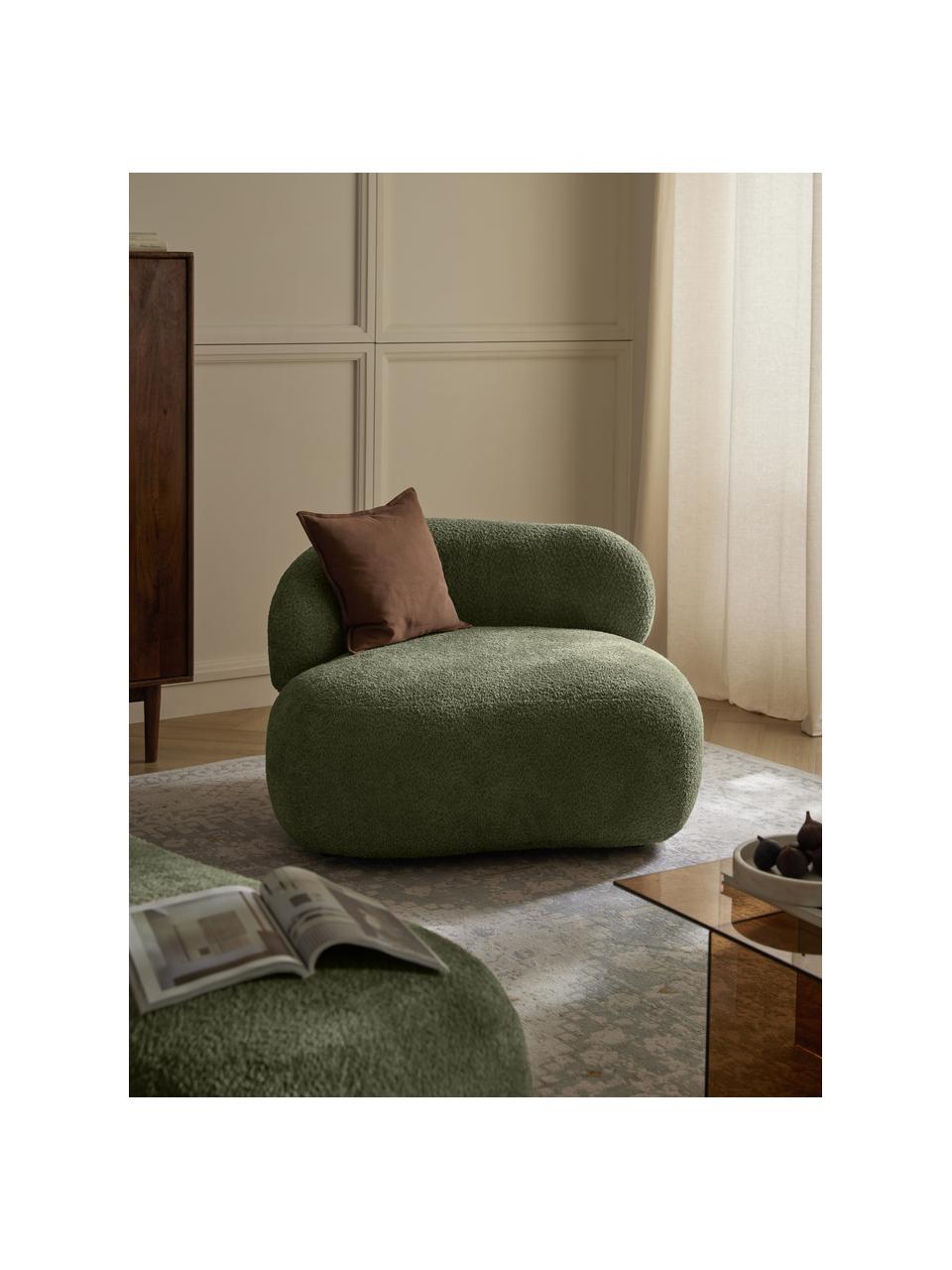 Fauteuil lounge en peluche-bouclé Alba, Peluche-bouclé vert foncé, larg. 102 x prof. 89 cm, dossier à gauche