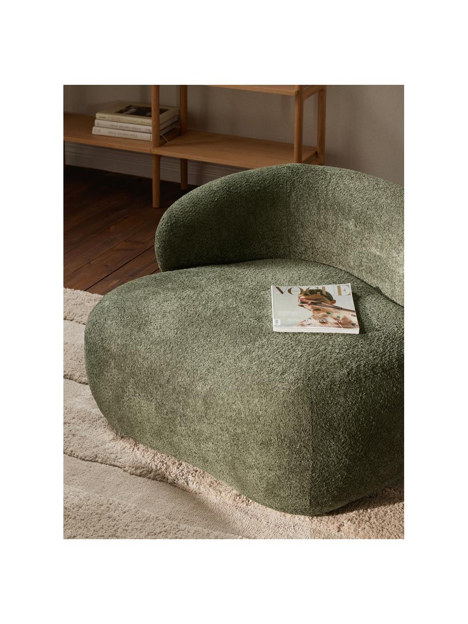 Loungefauteuil Alba uit teddy bouclé, Bekleding: 100% polyester Met 100.00, Frame: massief sparrenhout, gren, Poten: kunststof Dit product is , Teddy bouclé donkergroen, B 102 x D 89 cm, rugleuning links