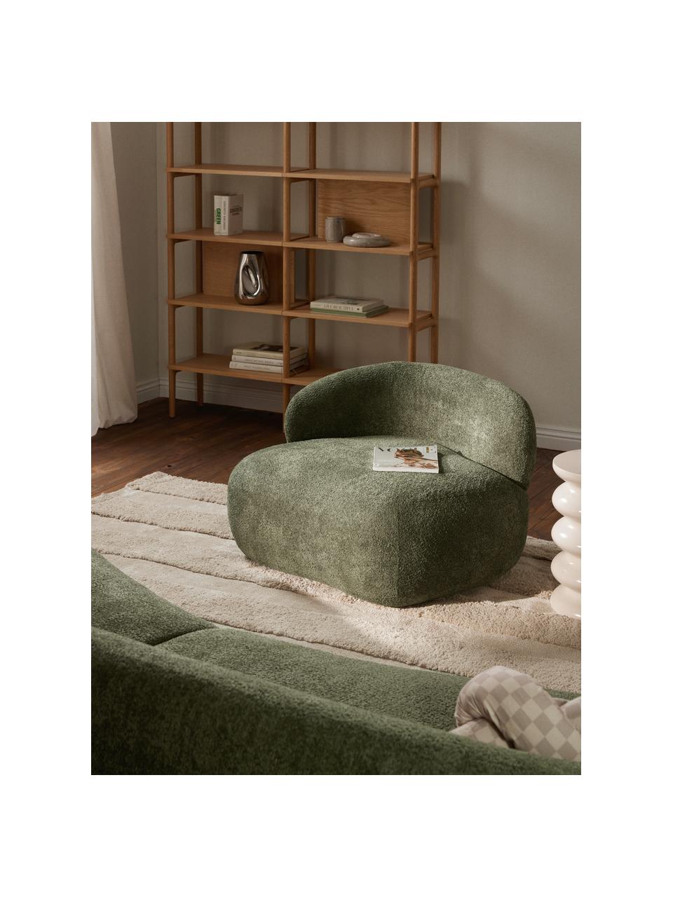 Sillón lounge en tejido bouclé Alba, Tapizado: 100% poliéster Alta resis, Estructura: madera de abeto maciza, m, Patas: plástico Este producto es, Borreguillo bouclé verde oscuro, An 102 x F 89 cm, módulo esquina izquierda