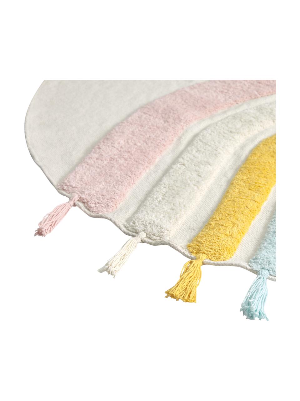 Tappeto in cotone biologico con nappe Thaide, 100% cotone biologico, certificato GOTS, Bianco crema, rosa, bianco, blu, giallo, Ø 100 cm (taglia XS)