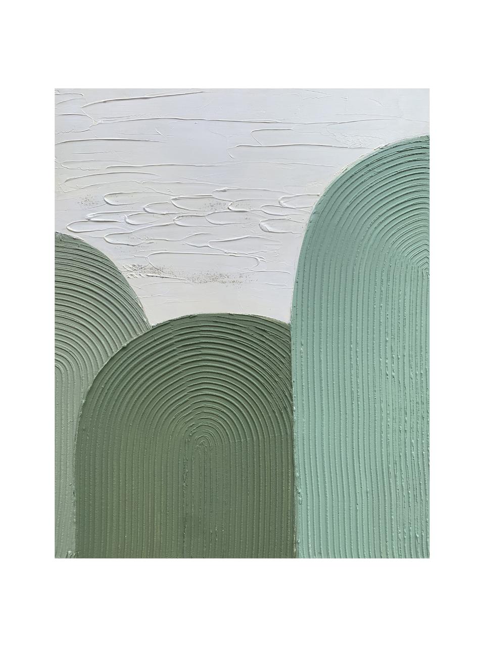 Lienzo pintado a mano Green Curves, Tonos verdes, blanco, An 80 x Al 100 cm