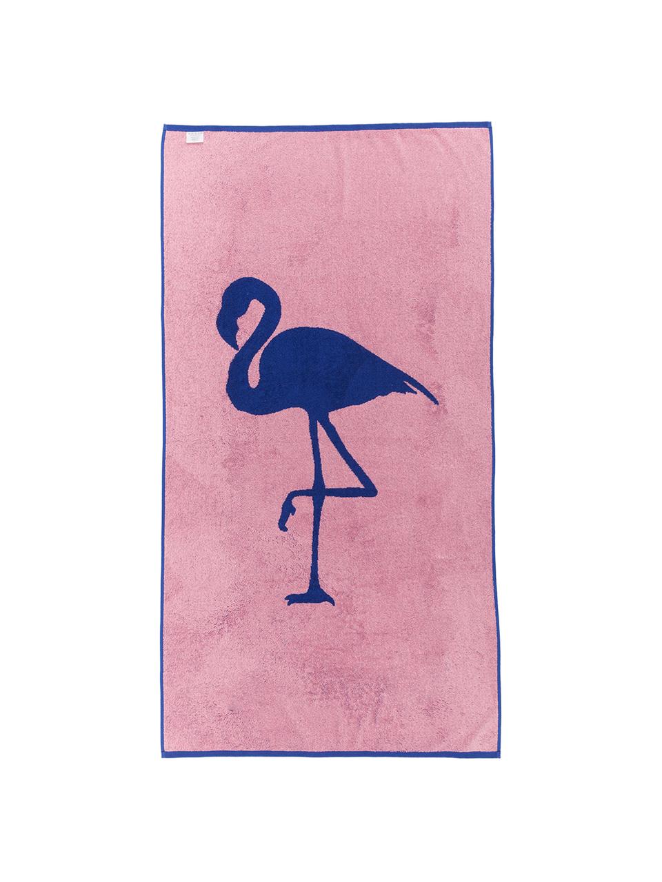 Serviette de plage à imprimé flamand rose Mingo, Bleu, rose vif