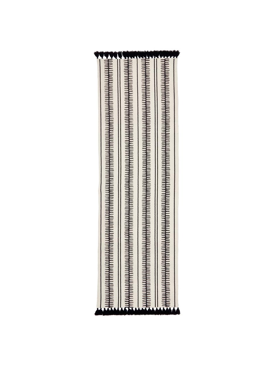 Alfombra corredor artesanal de algodón con borlas Rita, Beige, negro, An 80 x L 250 cm