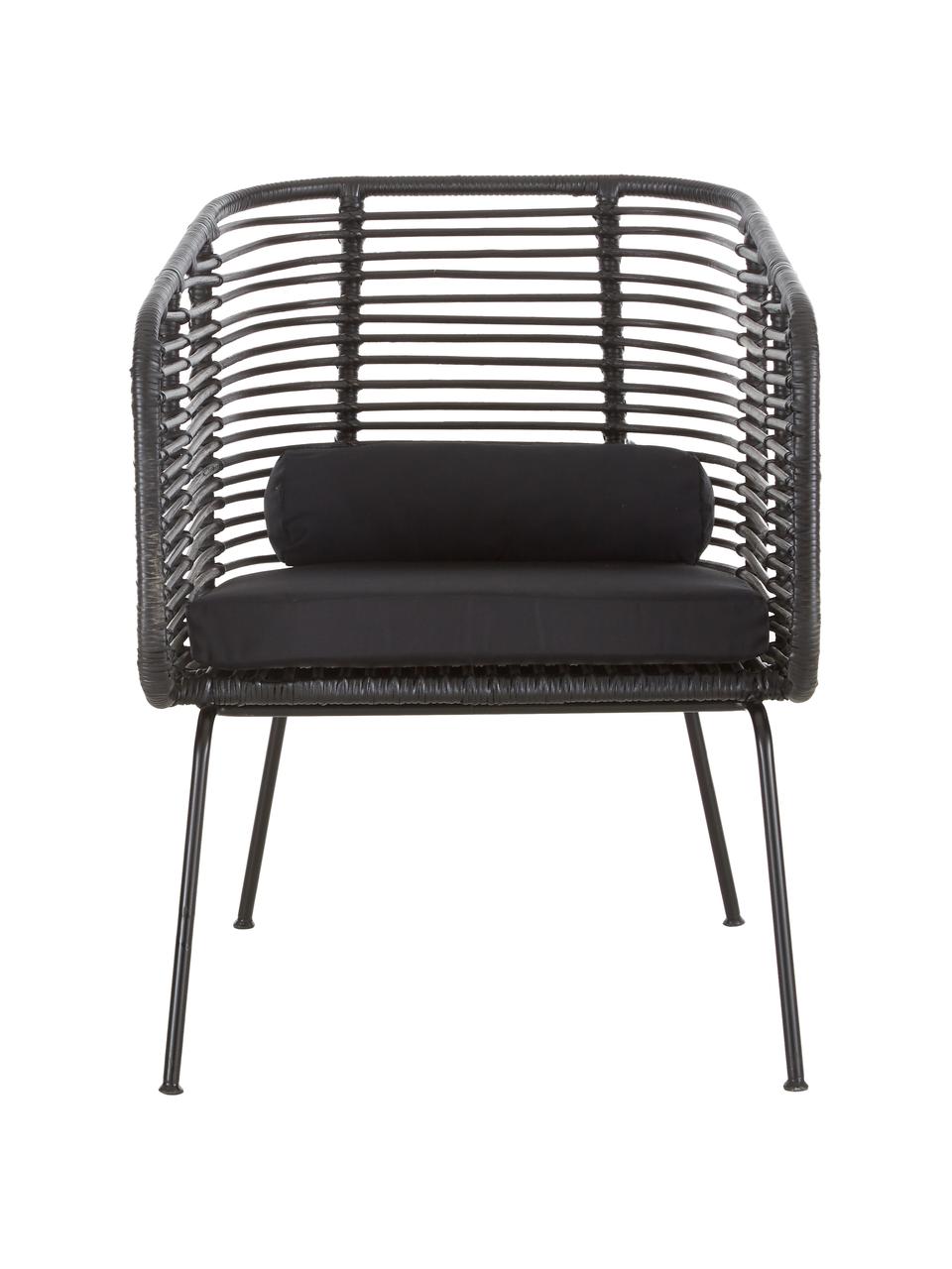 Rattan-Loungestuhl Merete, Sitzfläche: Rattan, Gestell: Metall, pulverbeschichtet, Sitzfläche: SchwarzGestell: Schwarz, mattKissenhüllen: Schwarz, B 72 x T 74 cm