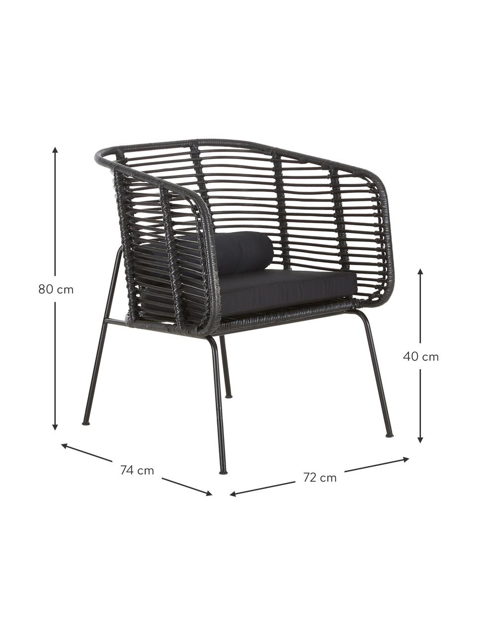 Rattan-Loungestuhl Merete, Sitzfläche: Rattan, Gestell: Metall, pulverbeschichtet, Sitzfläche: SchwarzGestell: Schwarz, mattKissenhüllen: Schwarz, B 72 x T 74 cm