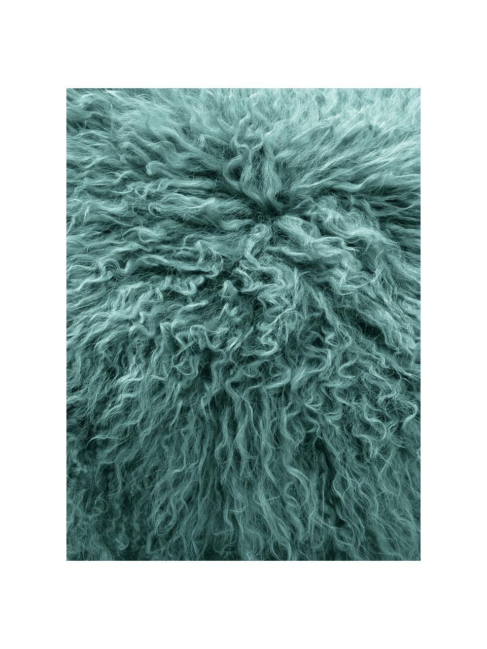 Zitkussen van langharige schapenvacht Ella, Bovenzijde: 100% Mongoolse schapenvac, Onderzijde: 100% polyester, Donker turquoise, Ø 37 cm
