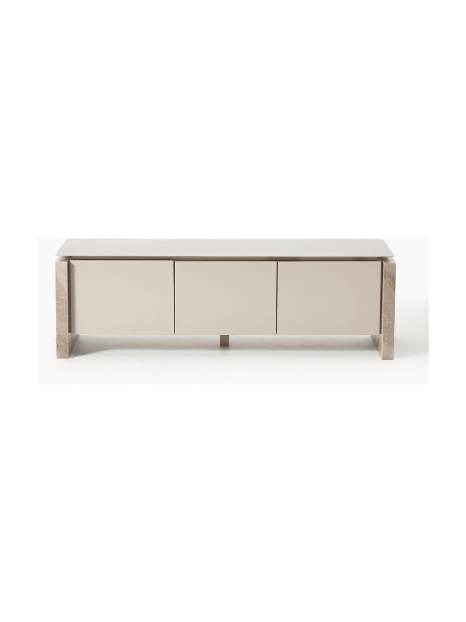 Credenza bassa in marmo e metallo Bruce, Gambe: marmo, Piedini: legno di mango massiccio , Beige chiaro, beige marmorizzato, Larg. 145 x Alt. 45 cm