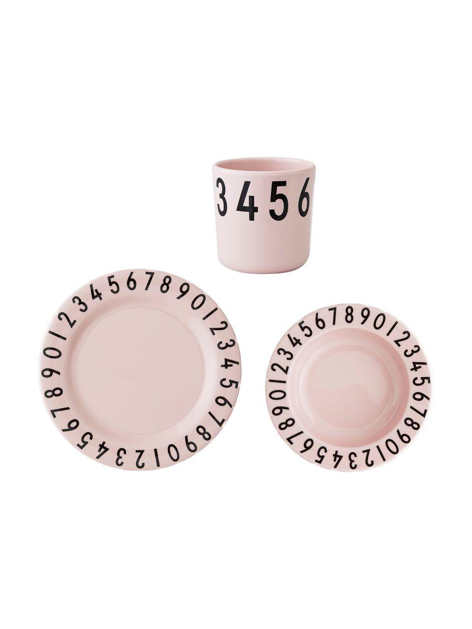 Frühstück-Set Numbers, 3-tlg., Melamin, Rosa, Schwarz, 21 x 7 cm