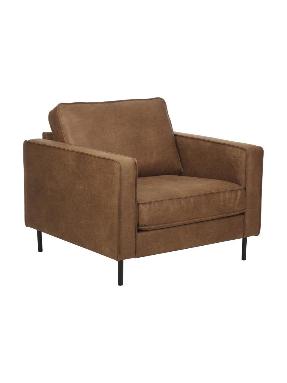 Poltrona in pelle riciclata Hunter, Rivestimento: 70% pelle riciclata, 30% , Struttura: legno di pino massiccio, , Piedini: metallo verniciato a polv, Pelle marrone, Larg. 87 x Prof. 95 cm