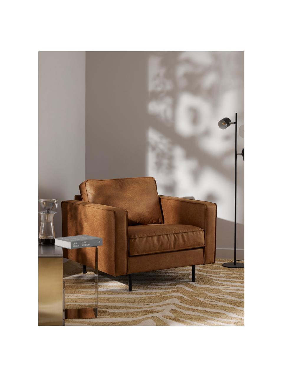 Fauteuil Hunter van gerecycled leer, Frame: massief grenenhout, vezel, Poten: gepoedercoat metaal Dit p, Leer bruin, B 87 x D 95 cm