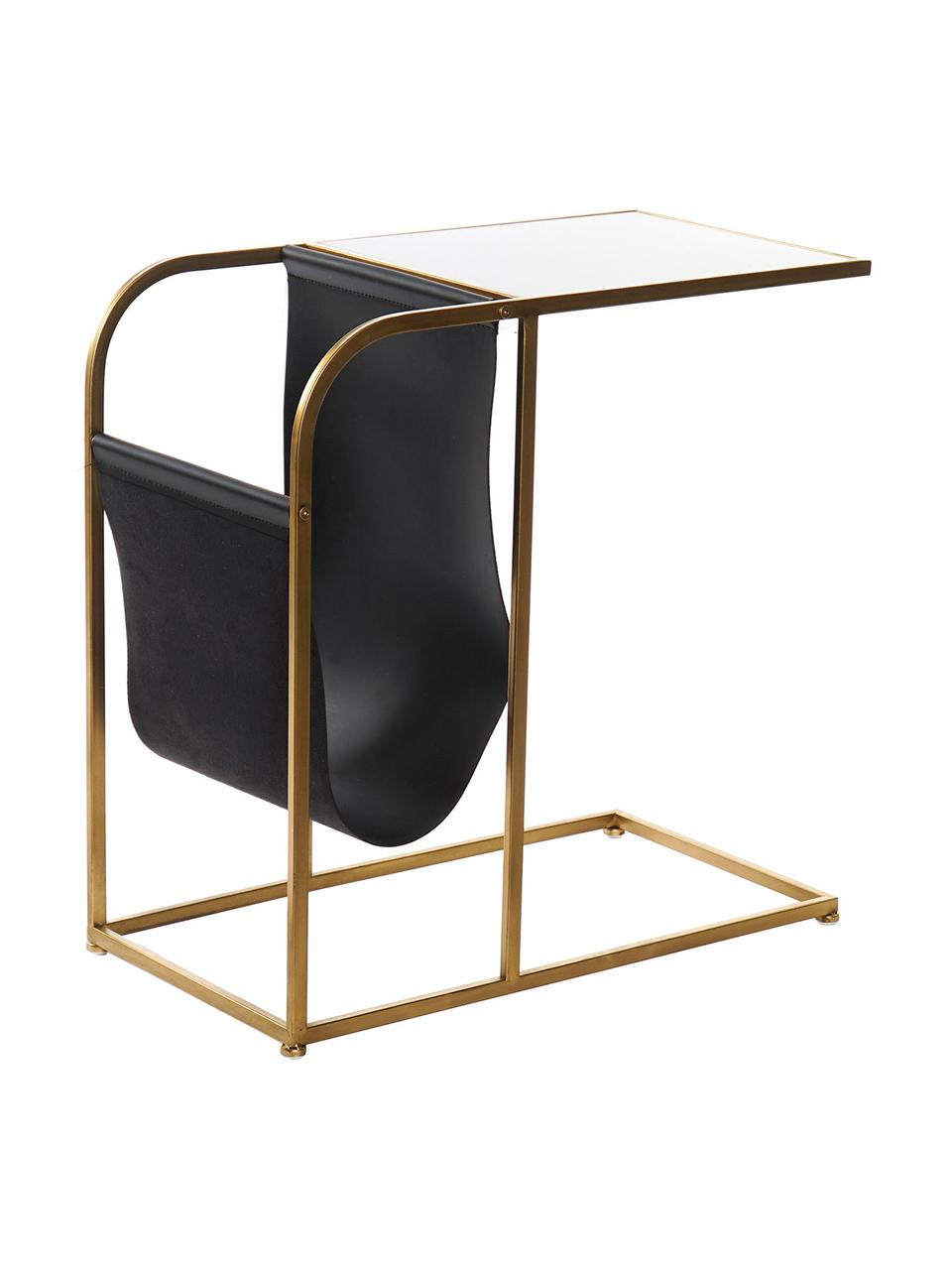Kovový odkládací stolek se skleněnou deskou a stojanem na noviny Clair, Černá, zlatá, transparentní