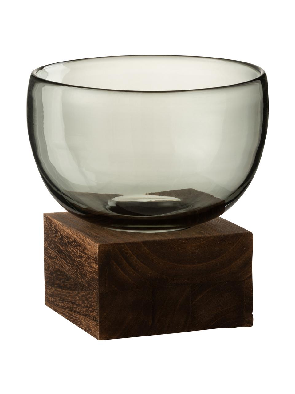 Decoratieve schaal Wood met houten voet, Schaal: glas, Voet: hout, Donkerbruin, grijs, Ø 17 x H 22 cm