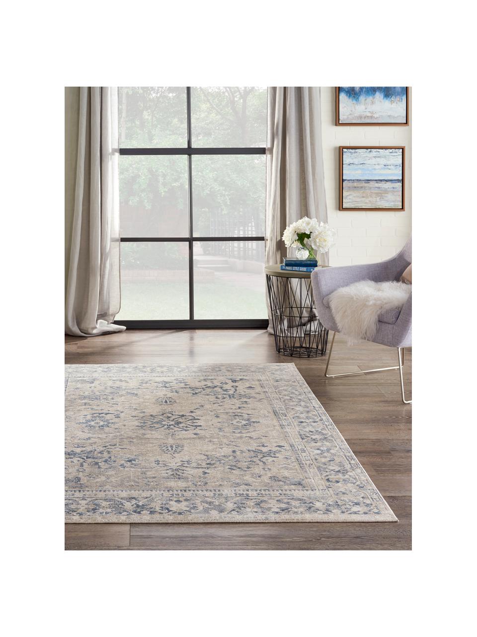 Tapis vintage bleu beige Malta, 90 % polypropylène, 10 % chenille, Blanc ivoire, tons bleus, larg. 120 x long. 170 cm (taille S)