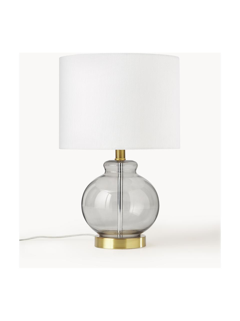 Tischlampe Natty mit Glasfuß, Lampenschirm: Textil, Lampenfuß: Glas, Sockel: Messing, gebürstet, Weiß, Hellgrau, Ø 31 x H 48 cm