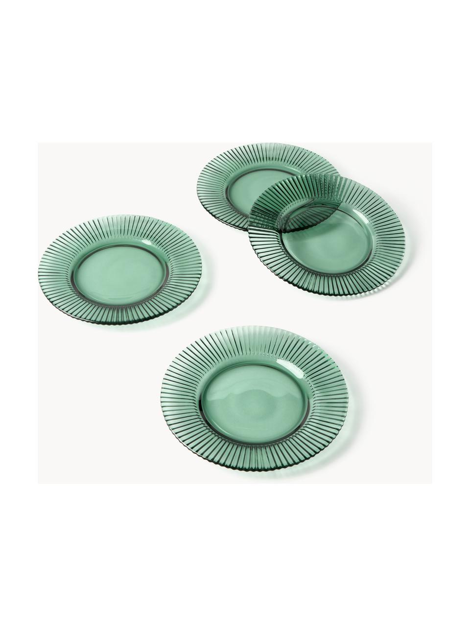 Mělké talíře s drážkovaným reliéfem Effie, 4 ks, Sklo, Mátově zelená, Ø 28 cm