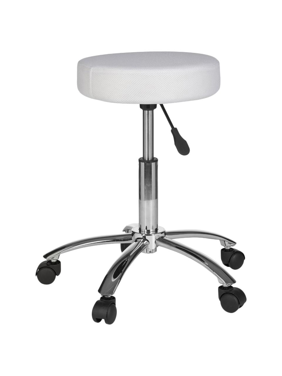 Tabouret de bureau à hauteur ajustable avec roulettes Leon, Blanc, chrome