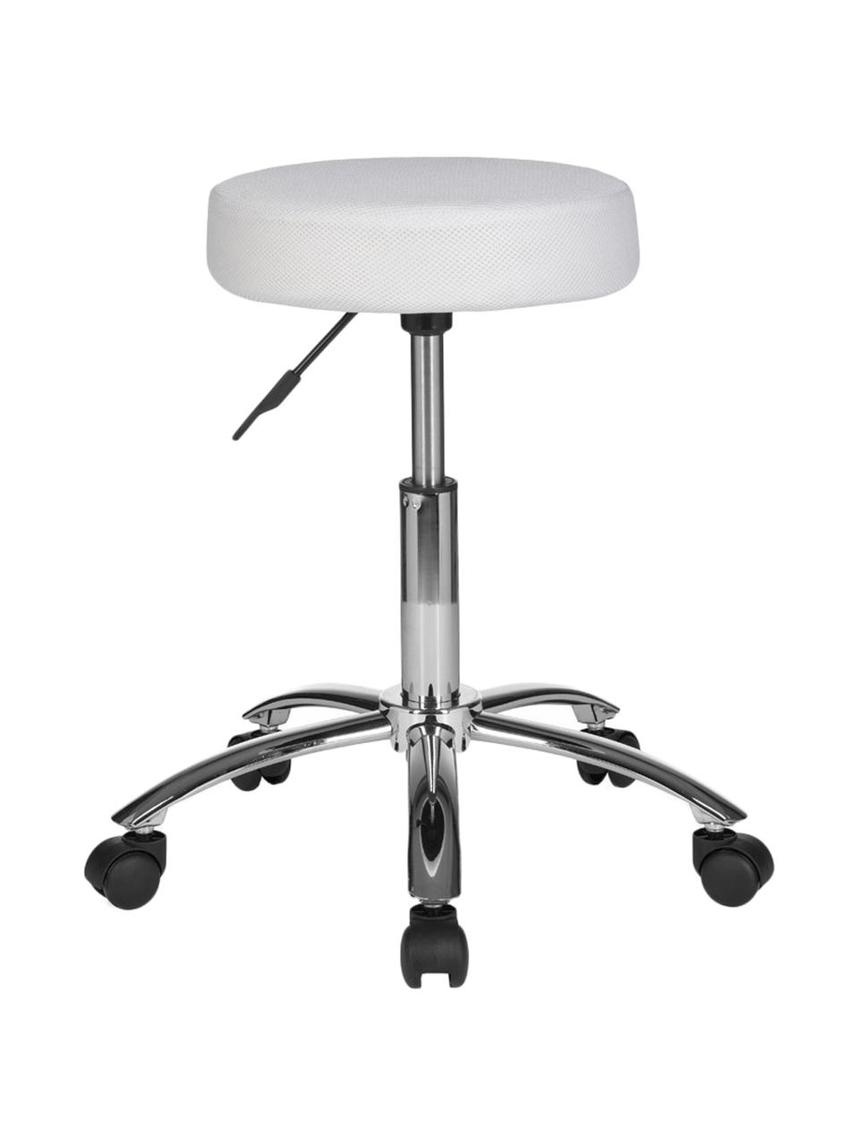 Tabouret de bureau à hauteur ajustable avec roulettes Leon, Blanc, chrome