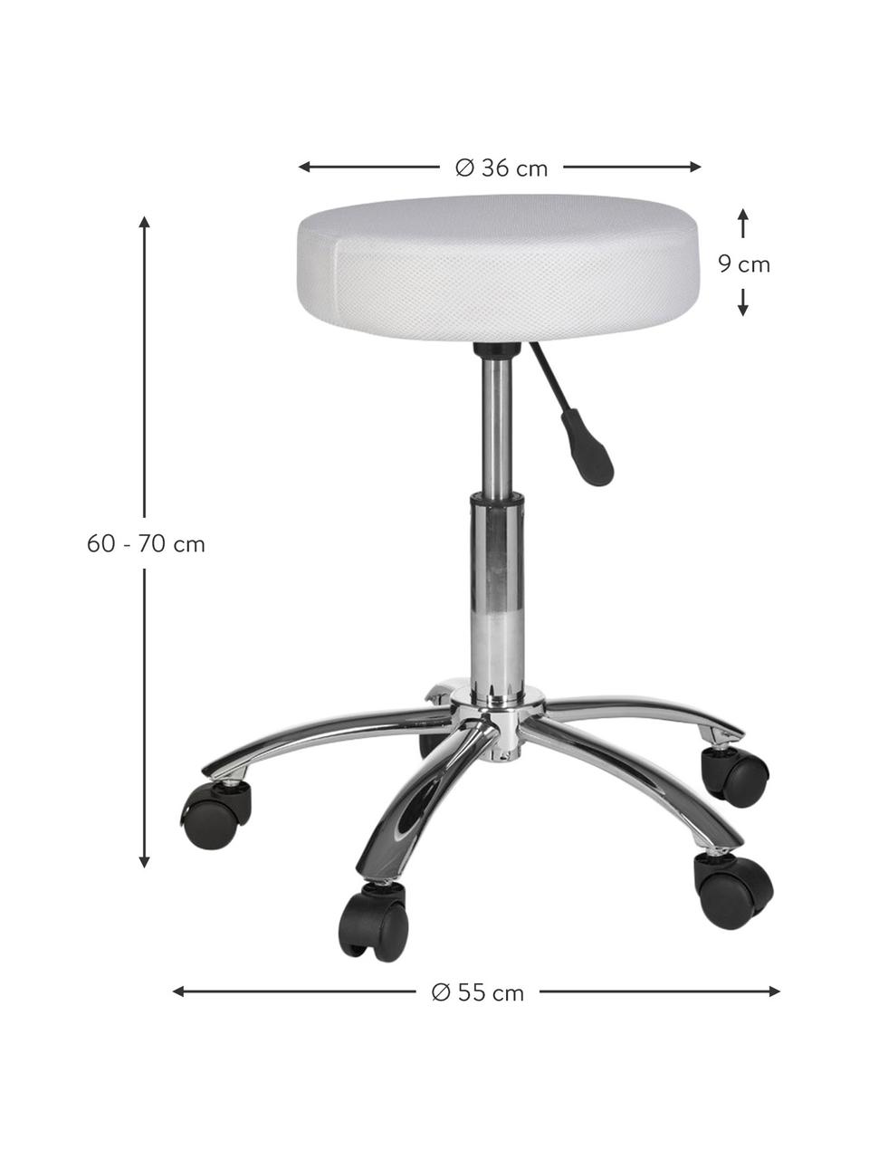 In hoogte verstelbare bureaukruk Leon met wieltjes, Bekleding: nylon, polyamide, Frame: verchroomd metaal, Wieltjes: kunststof, Wit, chroomkleurig, Ø 55 x H 60 cm