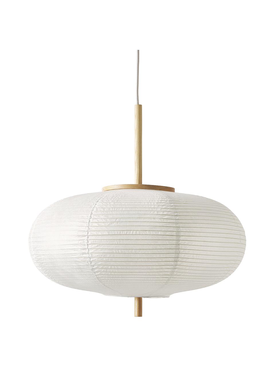 Design hanglamp Misaki uit rijstpapier, Lampenkap: rijstpapier, Decoratie: hout, Baldakijn: gepoedercoat metaal, Wit, helder hout, Ø 52  x H 150 cm