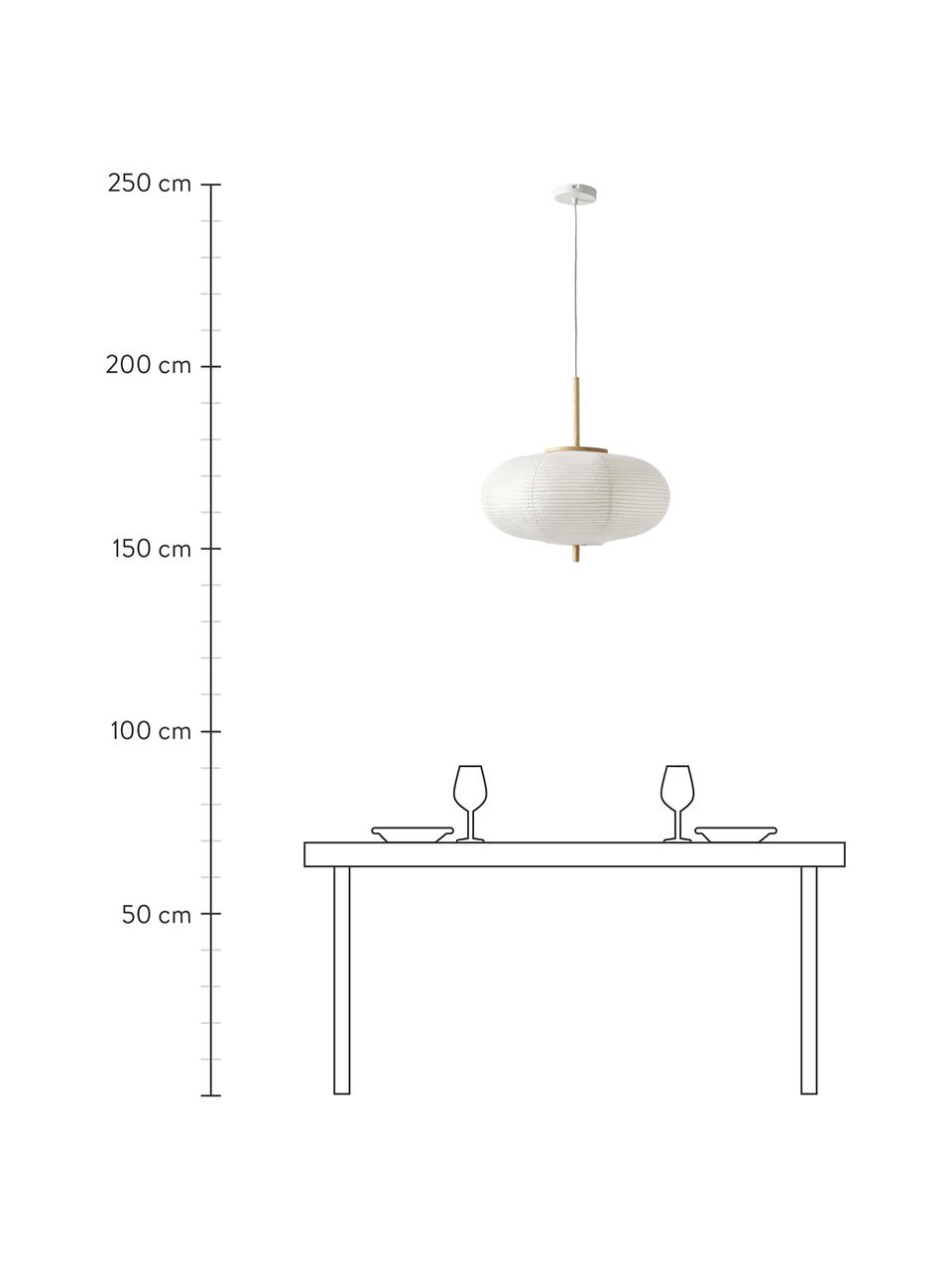 Lámpara de techo de papel de arroz de diseño Misaki, Pantalla: papel de arroz, Anclaje: metal con pintura en polv, Cable: cubierto en tela, Blanco, madera clara, Ø 52 x Al 150 cm