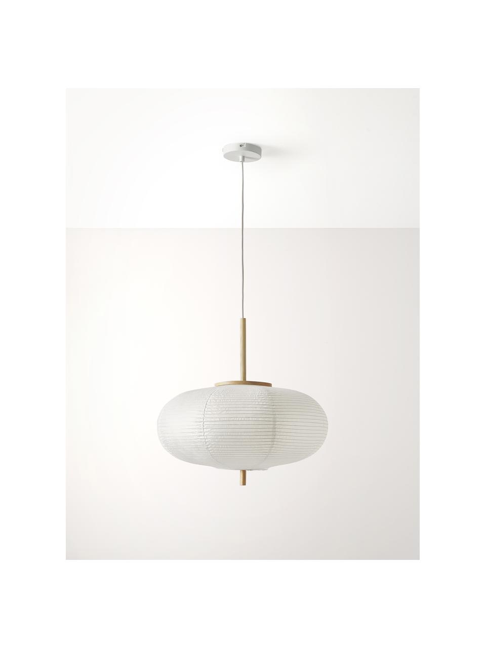 Lámpara de techo de papel de arroz de diseño Misaki, Pantalla: papel de arroz, Anclaje: metal con pintura en polv, Cable: cubierto en tela, Blanco, madera clara, Ø 52 x Al 24 cm