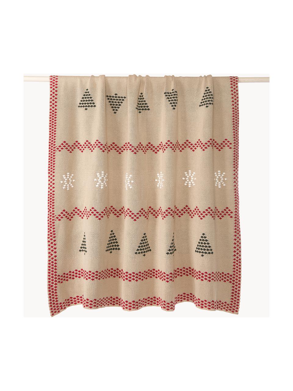 Strickdecke Kristian mit weihnachtlichem Motiv, 100 % Baumwolle, Rot, Dunkelgrün, Beige, B 130 x L 170 cm