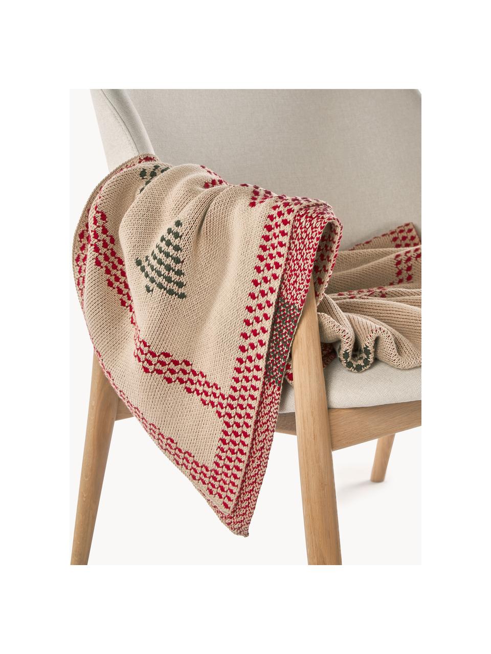 Strickdecke Kristian mit weihnachtlichem Motiv, 100 % Baumwolle, Rot, Dunkelgrün, Beige, B 130 x L 170 cm