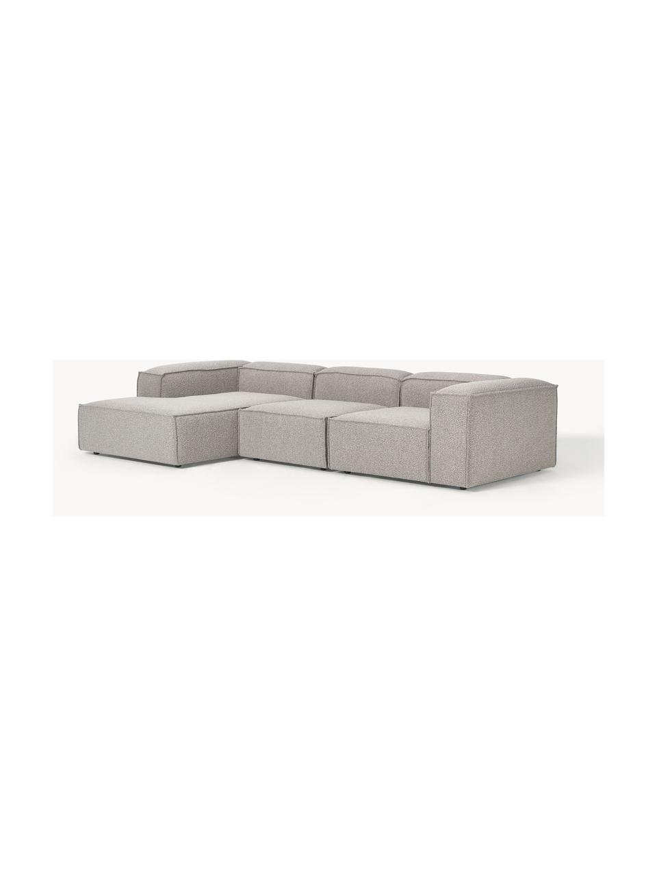 Divano angolare componibile in bouclé Lennon, Rivestimento: bouclé (100% poliestere) , Struttura: legno di pino massiccio, , Piedini: plastica Questo prodotto , Bouclé taupe, Larg. 327 x Prof. 180 cm, chaise longue a sinistra