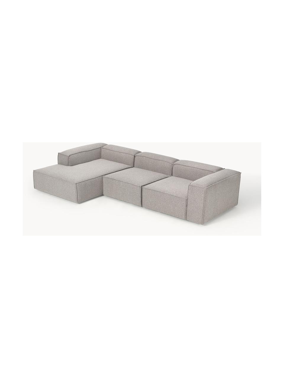 Divano angolare componibile in bouclé Lennon, Rivestimento: bouclé (100% poliestere) , Struttura: legno di pino massiccio, , Piedini: plastica Questo prodotto , Bouclé taupe, Larg. 327 x Prof. 180 cm, chaise longue a sinistra