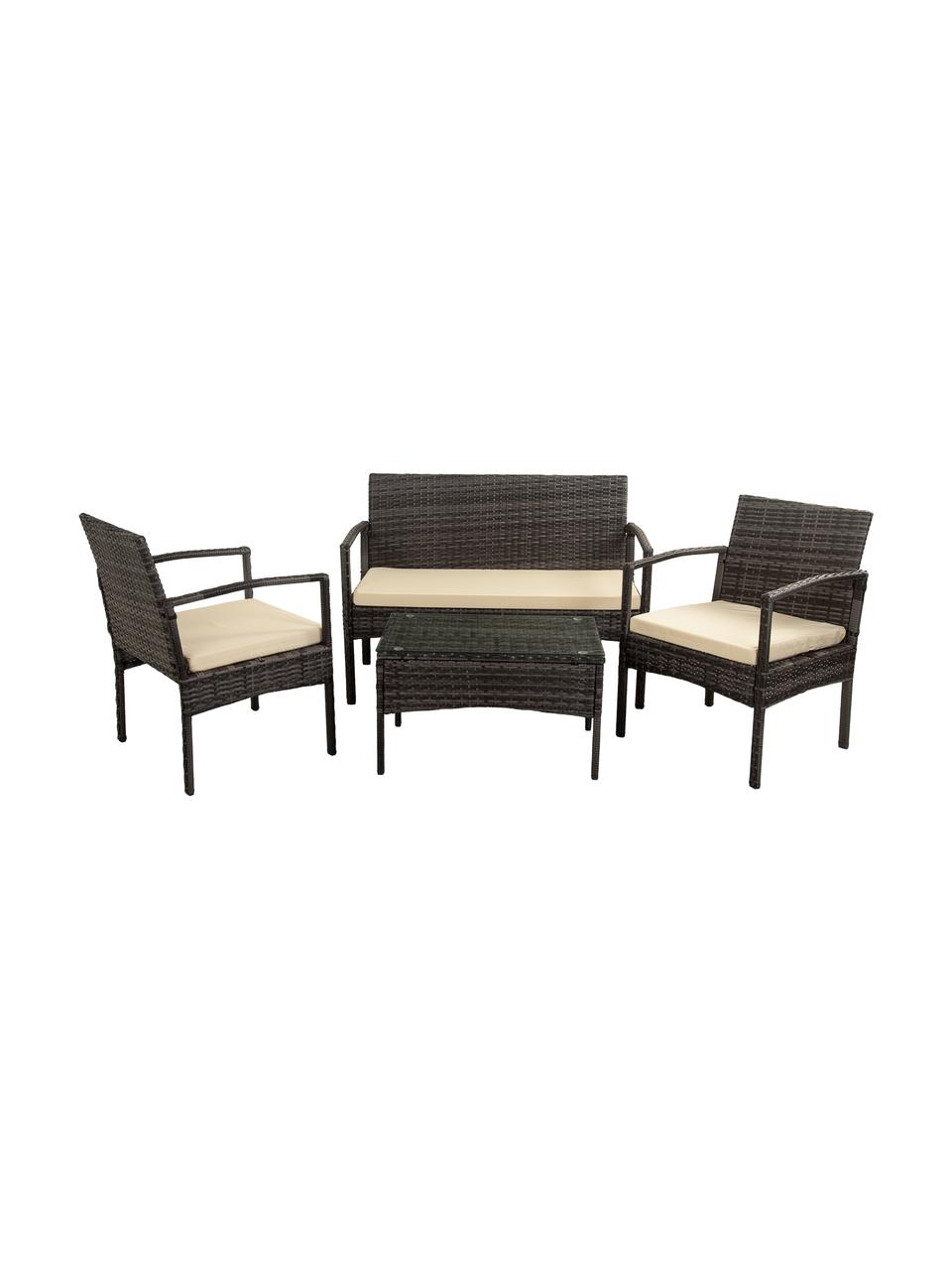 Salotto da giardino Buni 4 pz, Struttura: rattan sintetico, Sottostruttura: metallo, Rivestimento: tessuto, Piano d'appoggio: vetro, Grigio, Set in varie misure