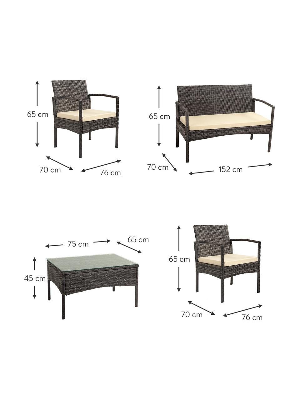 Salotto da giardino Buni 4 pz, Struttura: rattan sintetico, Sottostruttura: metallo, Rivestimento: tessuto, Piano d'appoggio: vetro, Grigio, Set in varie misure