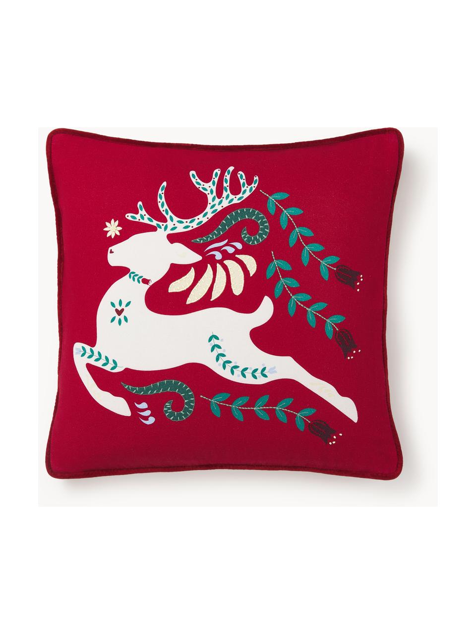 Copricuscino con motivo invernale Prancer, Rivestimento: 100% cotone, Rosso, bianco, Larg. 45 x Lung. 45 cm