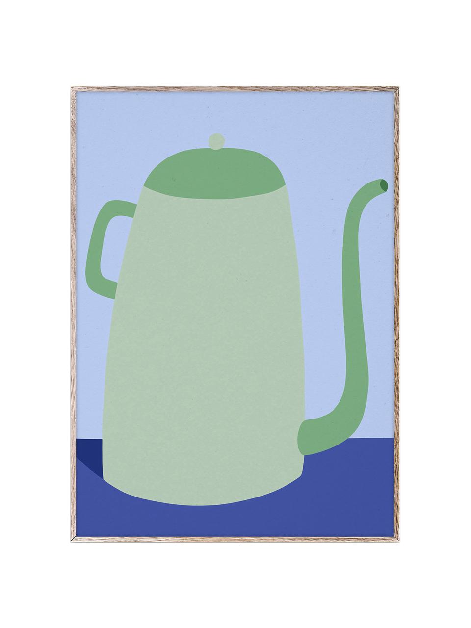 Poster Cafetiere, Cartoncino opaco da 210 g firmato Hahnemühle, stampa digitale con 10 colori resistenti ai raggi UV, Tonalità verdi e blu, Larg. 30 x Alt. 40 cm