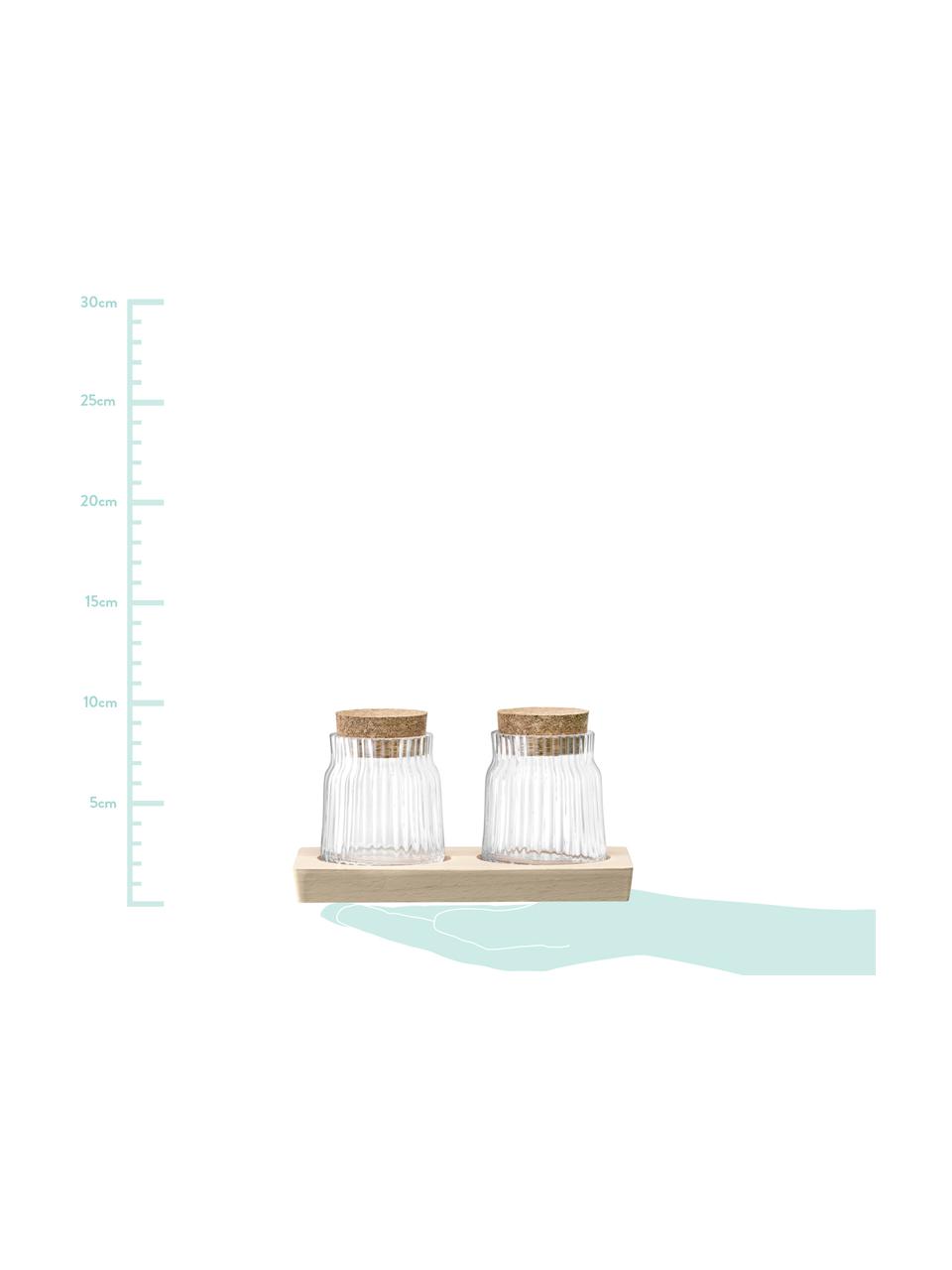 Zout- en peperstrooier-set Gio Line met groefreliëf, 3-delig, Houder: glas, Sluiting: kurk, Dienblad: beukenhout, Transparant, kurkkleurig, 16 x 9 cm